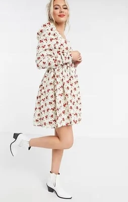 Asos Size 8 Mini Dress 100% Cotton Rockabilly Pinup Roses Floral Cottagecore - Image 1 of 4