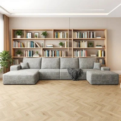 135"Boneless Couch Sectional Cloud Sofa Corduroy Left Facing Chaise with Ottoman - Image 1 of 4