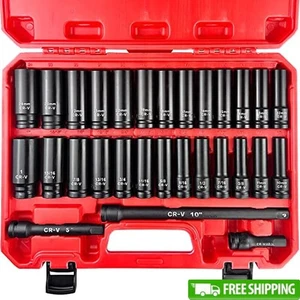 29pcs 1/2" Socket Set SAE/Metric Drive Deep Impact Socket Impact Extension Bar - Picture 1 of 7