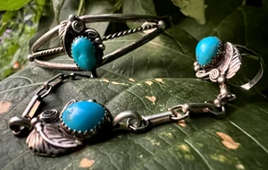 Vintage BLUE TURQUOISE Navajo SLAVE CUFF BRACELET sterling silver 6 5/8" ring 8 - Picture 1 of 7