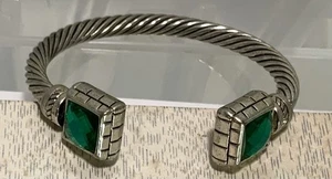 Silver Tone Twisted Cable Cuff Bracelet Green Emerald Colored Stone  - Picture 1 of 12