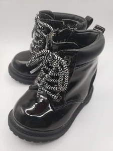 Baby Girl Size 2 Shiny Black Combat Boots Easy On & Off Like Docs But Cuter - Picture 1 of 8