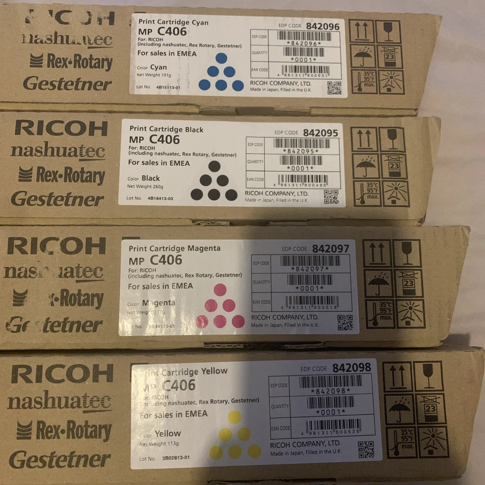 Ricoh 842095 Full Set of Cartridges- MPC406 Black Cyan Yellow and Magenta New - Image 1 of 3