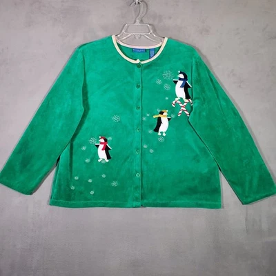 Cárdigan Karen Scott Sport Holiday Mujer XL Verde Pingüinos Bordado Navidad Foto 1 de 4