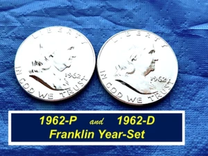 1962 YEAR-SET ☲ "1962-P & D" Silver Franklins ☲ 2 Coins ☲ Bright "BU" ☲ 162ys1 - Picture 1 of 2