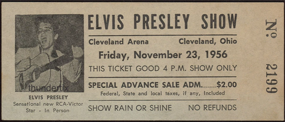 1  ELVIS PRESLEY UNUSED FULL CONCERT TICKET  1956 Cleveland Ohio  reprint  buff - Image 1 of 1
