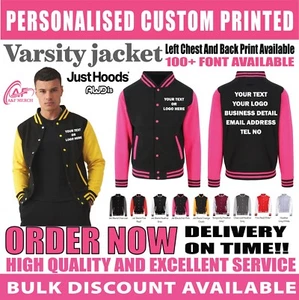 Personalised Custom Just Hoods Awdis Varsity jacket Text Logo Baseball Style - Picture 1 of 26