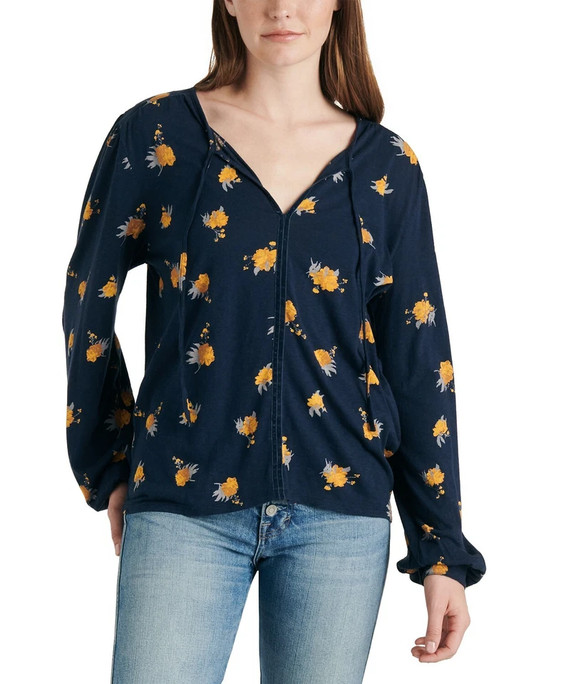 Lucky BRAND Womens Navy Floral Print Split Neck Blouse Top Shirt XS 3821