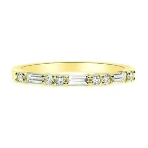 14K Placcato Oro Giallo 0.80 KT Baguette E Diamante Taglio Rotondo Fede Nuziale - Foto 1 di 11