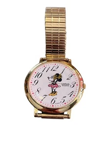 Disney Minnie Mouse Watch Vtg Lorus Gold Tone Stretch Bracelet 1.5" Bezel Japan - Picture 1 of 5