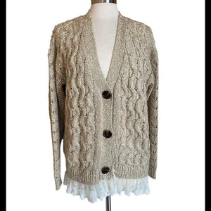 POL Oversize Cable Knit Cardigan With Lace Trim Tan L - Picture 1 of 6
