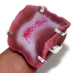 925 Silver Plated-Agate Geode Slice Ethnic Gemstone Ring Jewelry US Size-5.5 JW
