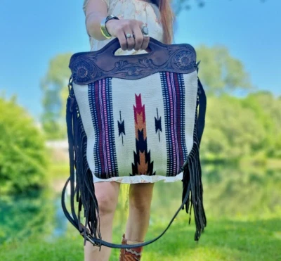 Aztec Hippie FRINGE LEATHER BAG Ethnic Tassel boho Western vintage Carpet kilim - Image 1 of 4