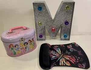 Justice Girls LED Letter M Light - Disney Princess Tin box - Butterfly Mouse Pad - Picture 1 of 6