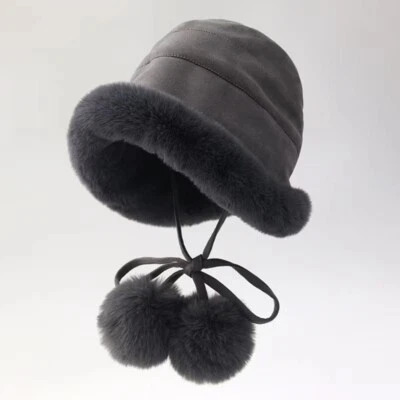 Women Bucket Hat Furry Pompom Bucket Hat Winter Warm Plush Fisherman Cap Fashion - Image 1 of 4