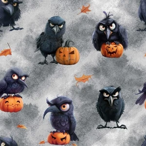 Grumpy Ravens on Grey! 100% Cotton Fabric NEW Halloween Metres/Fat/Long Quarter - Picture 1 of 4