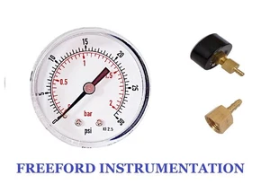 Manometer 50mm 0/2 Bar 0/30 PSI 1/8 BSPT Back & Schlauchverbinder auf 6mm Schlauch - Bild 1 von 4