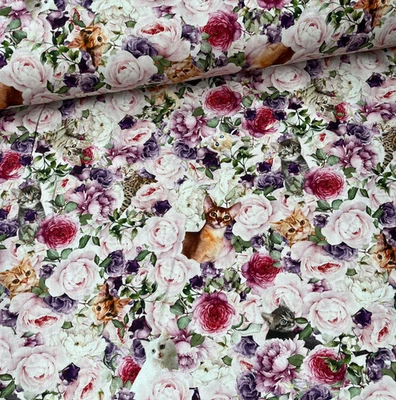 Stoff Meterware Baumwollstoff Patchwork 50 cm Blumen & Süße Katzen Rosen - Bild 1 von 4