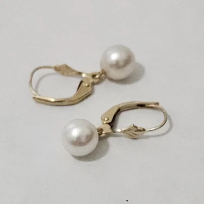 复古 14kt 金色 CU 悬垂培养珍珠穿孔耳环 14kt CU 标记 — 第 1/4 张图片