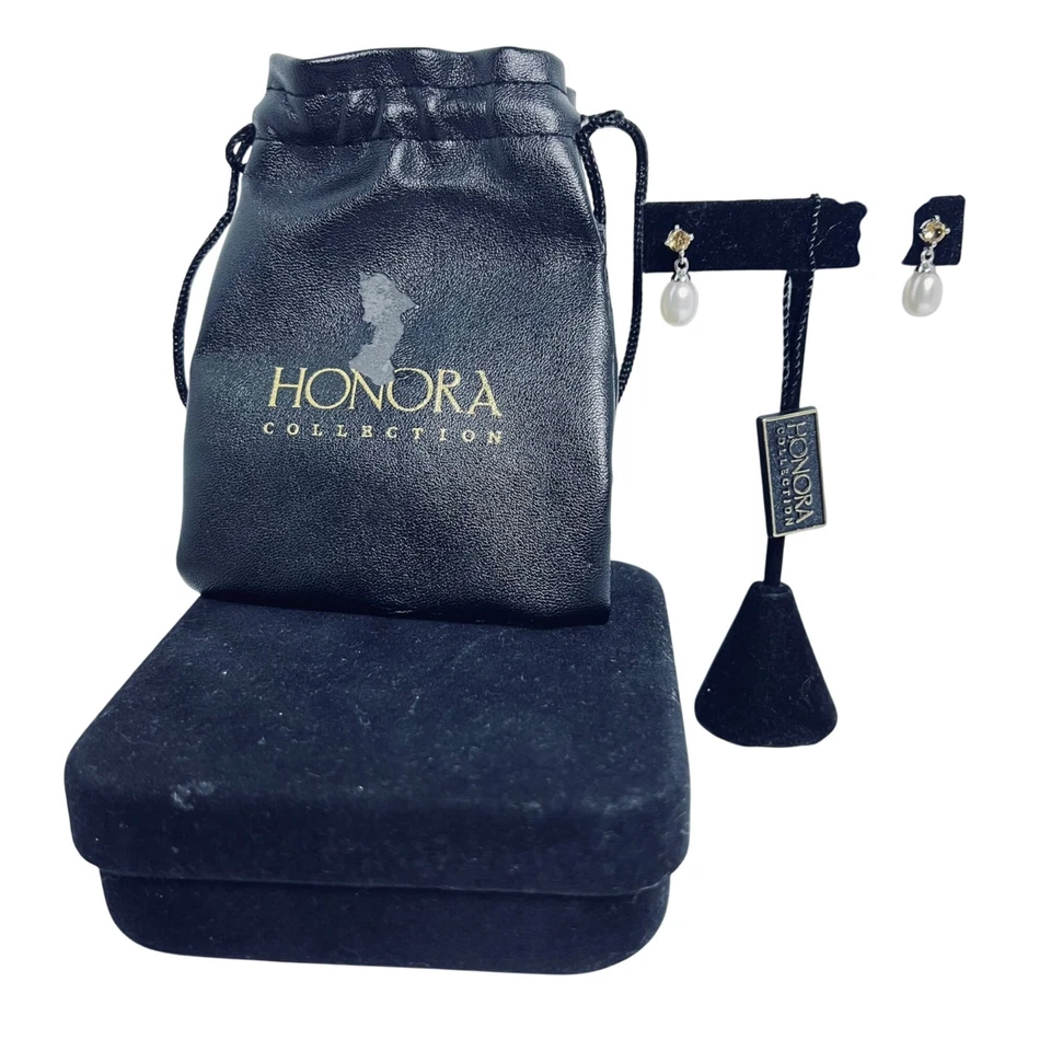 Pendientes Honora de plata de ley con perlas blancas de agua dulce y piedra citrina (5980) Foto 1 de 4