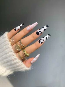 24pcs Extra Long Coffin Cow Design Fake Nail Press On Nails False Nails Glue On - Picture 1 of 6