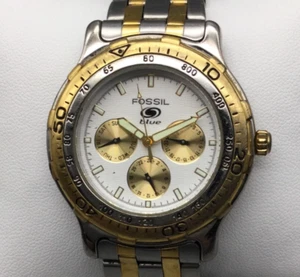Fossil Watch Men 40mm Silver Gold Two Tone BQ-8790 Day Date New Battery 7.75" - Picture 1 of 13