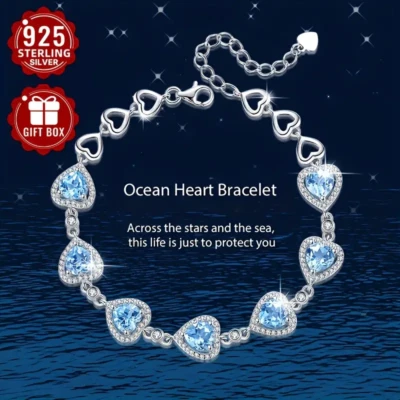 S925 Ocean Heart 💙 AQUAMARINE BLUE🔥 White Cubic Zirconia 💙 Tennis Bracelet - Image 1 of 4