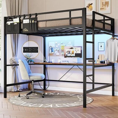 Full Size Loft Bed with Desk LED Lights Charging Station Full-Length Guardrail - Image 1 of 4