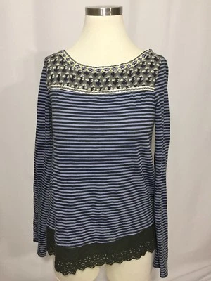 Camisa Top Little Yellow Button Anthropologie Azul Verde Rayas Floral Ojales XS Foto 1 de 4