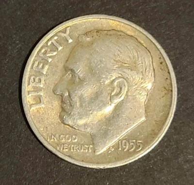 Moneda de diez centavos de plata Roosevelt 1955 S error  Foto 1 de 3