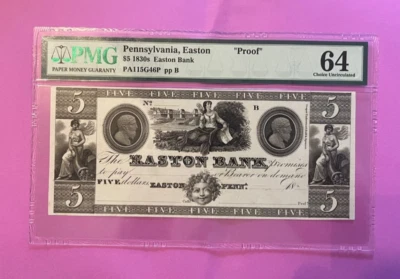 Easton  Pennsylvania, Easton bank,  $5 , 1830’s , choice Proof , PMG 64 ,scarce - Image 1 of 2