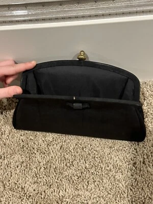 Vintage Clutch Black Fabric Handbag Bow Satin Lined Gold Tone Clasp Classic 50s - Image 1 of 4