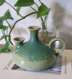 Vintage Studio Pottery Double Spout Vase Green Glaze Handle Unique - Picture 1 of 9
