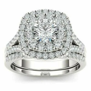 Moissanite Bridal Set Engagement Ring 14K White Gold Plated 2.50 Carat Round Cut - Imagen 1 de 3
