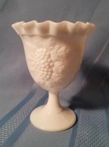 Ruffled Edge White Milk Glass Grape Pattern Goblet Shaped Compote - Picture 1 of 8
