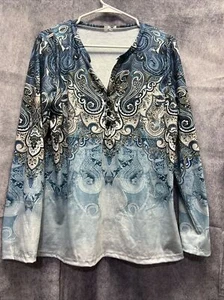 La Mode Size L Blue Popover Paisley Ombré Tunic Blouse  - Picture 1 of 10