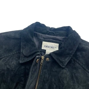 Authentic Original Cherokee Womens L Black Suede Leather Zip Long Jacket Vintage - Picture 1 of 22