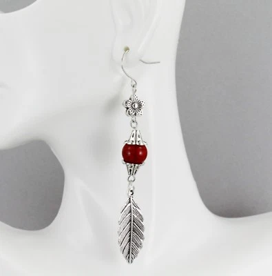 Pendientes Pluma Plata Cuelga Metal Hoja Pluma Ligeros 3 5/16" Largo Rojo Foto 1 de 4