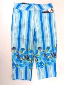 Blue Stripe Floral Capris Cropped Pants Bill Blass Jeans Womens Size 10 New - Picture 1 of 9