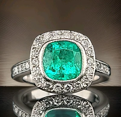 Винтажное платиновое старинное кольцо Tiffany & Co 1,60 карата Натуральная зеленая изумрудная подушка - Изображение 1 из 4