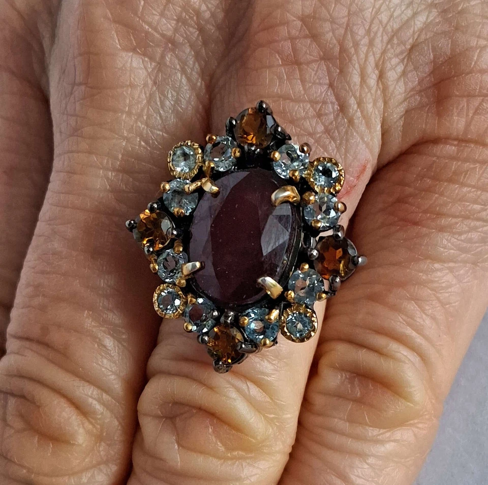 ANELLO ARG. ST. 925 BRUNITO CON RUBINO MASSIVO, TORMALINE E TOPAZI NATURALI - Immagine 1 di 4