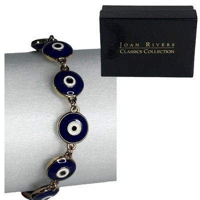 Joan Rivers Evil Eye Bracelet 7" Blue White Enamel Gold Link Chain Signed Box - Image 1 of 4