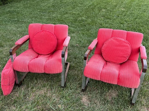 Vintage Lounge Chairs Milo Baughman Style Chrome & Wood Frame Cantilever T Back Cover
