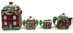 Vintage 4 Piece Country House Cookie Jar, Tea Pot, Creamer & Sugar Jar- Ceramic - Picture 1 of 18