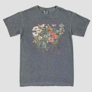 Comfort Colors Wild Flowers DTG Graphic Print Vintage Wash T-shirt Pepper Gray - Picture 1 of 3