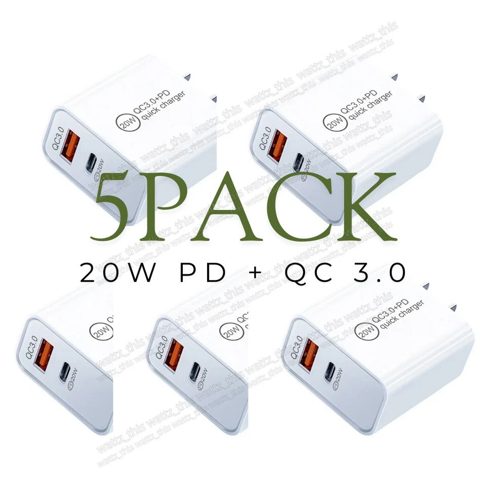 5Pack 20W Fast Charger Block For iPhone 16 15 13 12 11 8 USB Type C Wall Adapter - Image 1 of 4