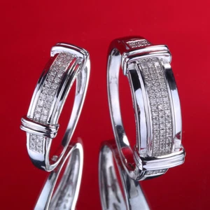 Sterling Silver 925 Pave Natural Diamonds Band Wedding Bride Groom Ring Sets - Picture 1 of 7