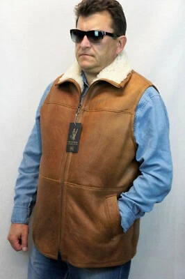 Véritable 100% Peau de Mouton Cuir Délavé Cognac Hommes Gilet Veste S-5XL - Photo 1/4