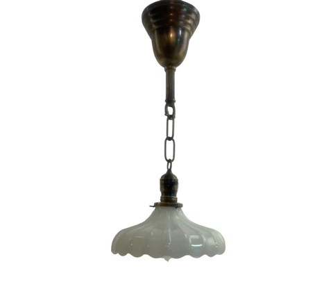 Antique c1910 Brass Pendant 9” Sheffield Style Clambroth Shade Restored Cover