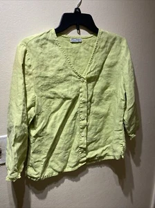 RUSS BERENS malibu-usa Women’s 100% LINEN Size Medium M Lime Green Button-Up Top - Picture 1 of 7